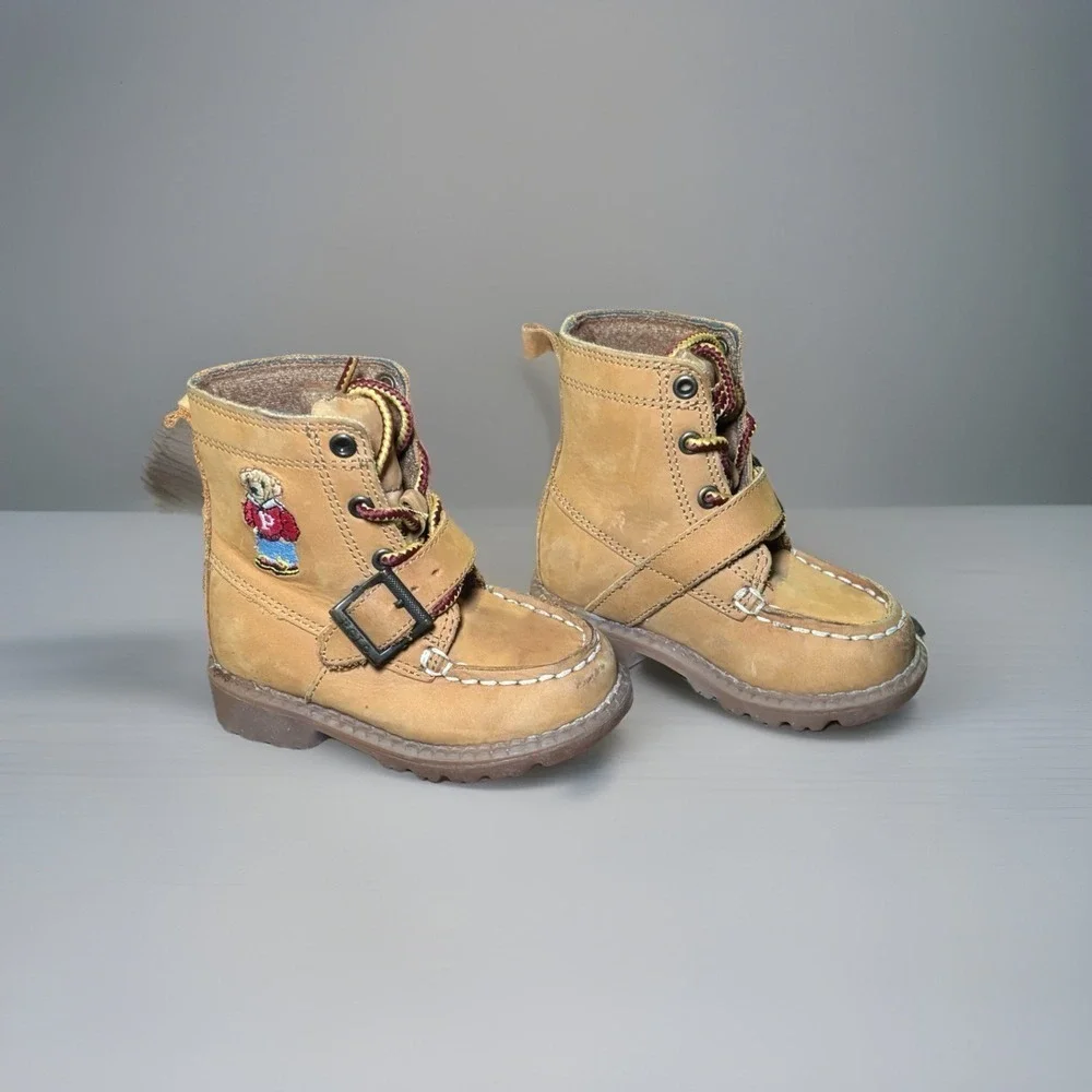 Polo Ralph Lauren Kids Leather Boots Tan Bear Patch Buckle Lace Up Toddler Sz 5